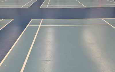 De kleine lijnen achterin het badmintonveld